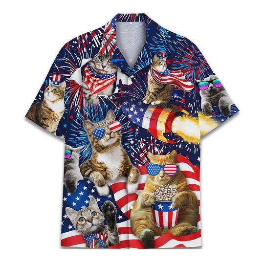 Funny Cat Independence Day Hawaiian Shirt For Men Patriotic USA Mens Hawaiian Shirts Short Sleeve Button Down Shirt Men
