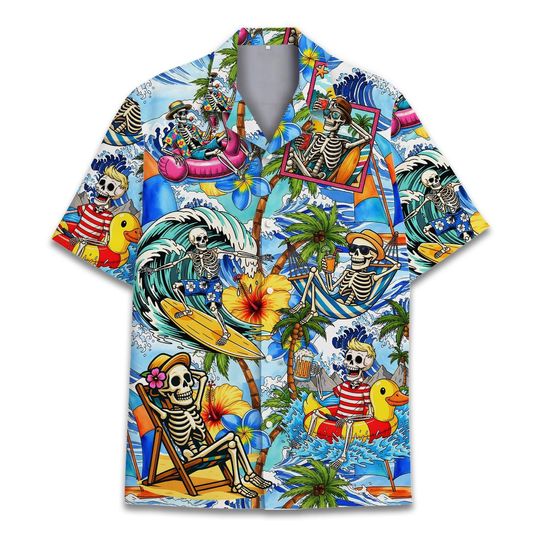Skeleton Beach Hawaiian Shirt Men Women, Funny Tropical Island Summer Aloha Shirt, Surfing Skeleton Short Sleeve Button Down Shirt