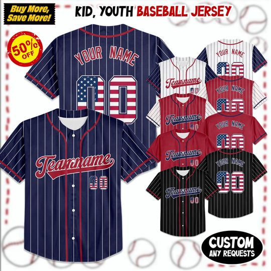 Personalized USA Baseball Jersey, Custom 4th of July Independence Day Patriotic Shirt with Name & Number, Red White Blue Striped Jersey