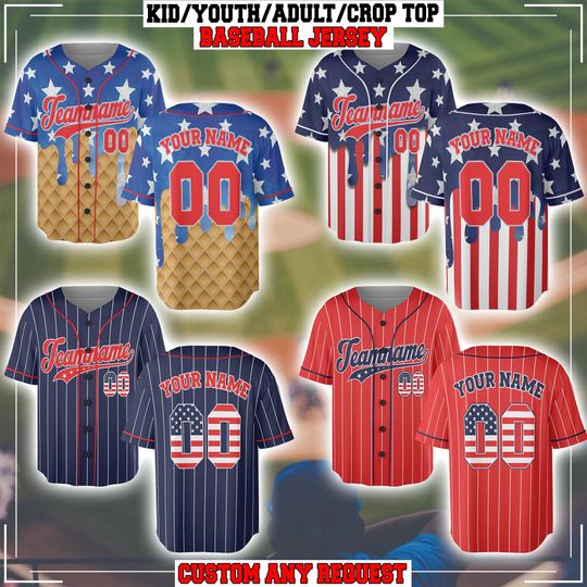 Personalized USA Baseball Jersey, Custom 4th of July Independence Day Patriotic Shirt with Name & Number, Red White Blue Striped Jersey