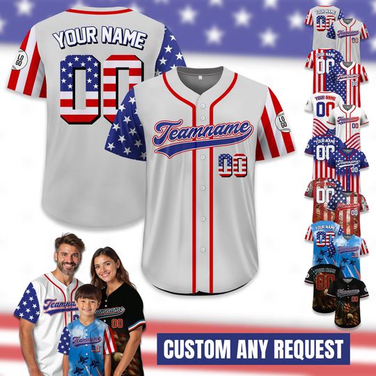 Custom American Flag Baseball Jersey, Personalized USA Jersey with Name & Number, 4th of July Shirt, Patriotic Gift for Veteran Armed Forces