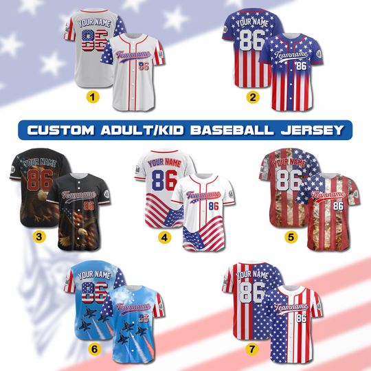 Personalized 4th of July Patriotic Jersey for Men Women Youth Kid, Custom American Flag Baseball Jersey, Red White and Blue Baseball Jersey
