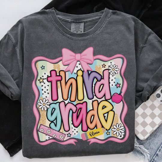 Preppy 3rd Grade Shirt Back To School Shirt, Personalized Hello Third Grade Tee, Custom Girls 1st Day Of School T-Shirt, 3rd Grade Teacher