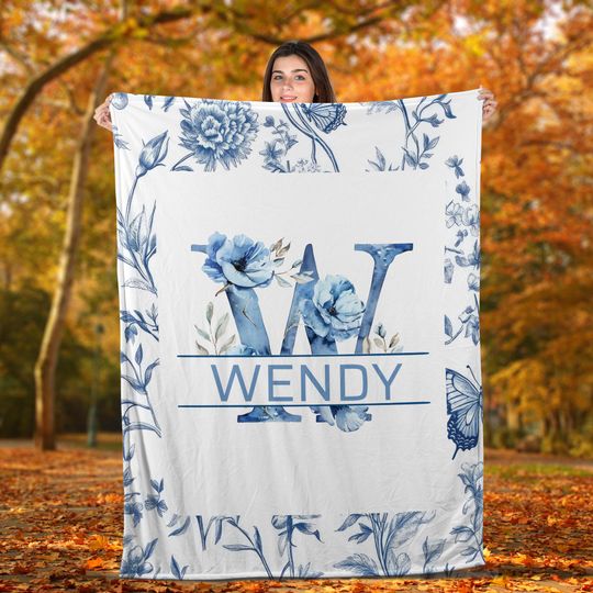 Custom Blue Floral Initial Fleece Blanket with Name | Lightweight Soft Fleece  Blanket | Personalized Gift for Her | Cozy Monogram Blanket