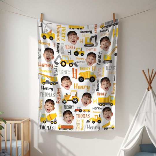 Custom Kid Face Construction, Personalized Baby Photo Blanket, New Baby Gift, Gift For Boys, Nursery Decor, Warm Soft Blanket, Gift for Kid