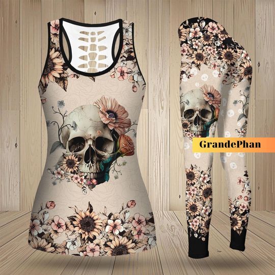 Skull Tank Top, Flower Skull Women's Tank Top, Beach Tank Top, Skull Leggings, Halloween Leggings, Floral Skull Tank, Gift For Her