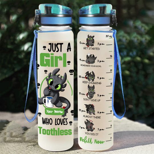 Custom Just A Girl Who Loves Toothless Water Tracker Bottle 32Oz, Disney Movie Bottle, Night Fury Drink Bottle, How To Train Dragon