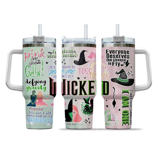 Changed For Good Tumbler 40oz, Wicked Defy Gravity Stainless Tumbler, Wizard Of Oz Coffee Tumbler, The Musical Gift, Witch Pink and Gre