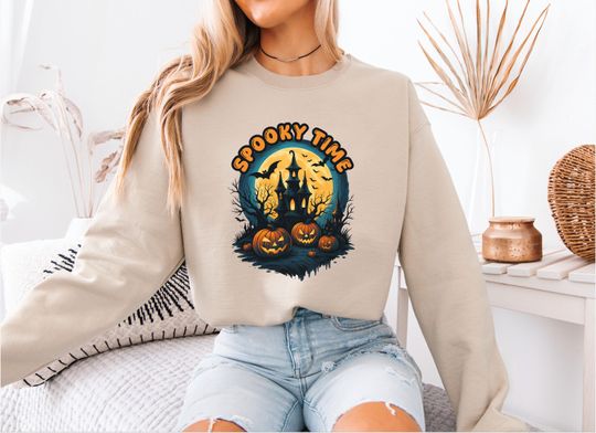 Haunted House Sweatshirt – Vintage Pumpkin Crewneck for Spooky Halloween Vibes