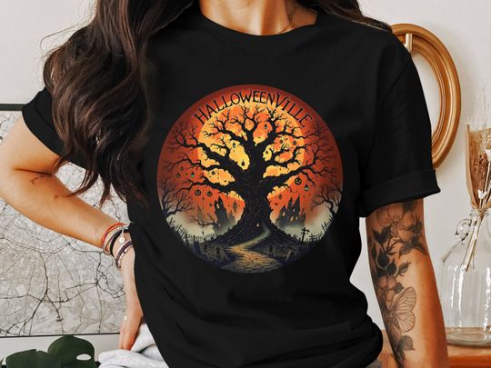Halloweenville Tee – Haunted Tree Halloween Shirt for Spooky Season and Horror Fans
