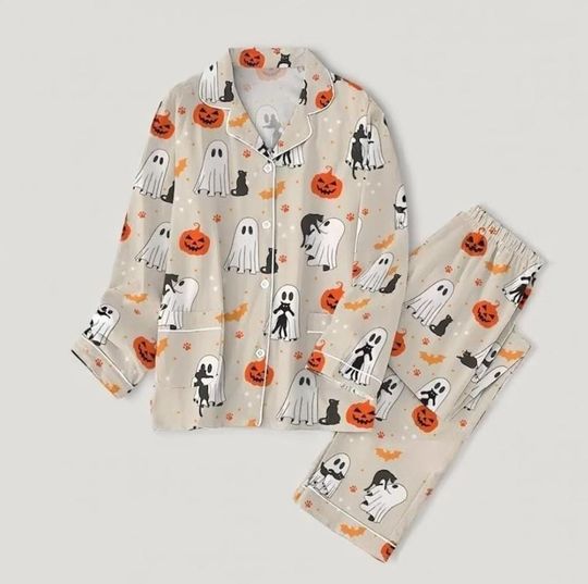 Halloween Pajamas, Halloween Pjs For Women, Cute Ghost Black Cat Pajamas, Fall Holiday Pajamas, Pumpkin Pajamas Set, Spooky Season Gift