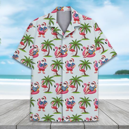 Santa Flamingo Hawaiian Shirt, Christmas In July Santa Enjoy Time Shirt, Funny  Holiday Aloha Shirt, Tropical Xmas Shirt