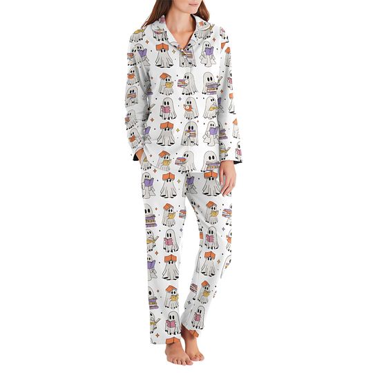 Bookish Ghost Pajama set, Cute Halloween Reading Pajamas, Spooky Book Lover Pajama, Ghost Coffee, Funny Fall Teacher Pajamas, Spooky Season
