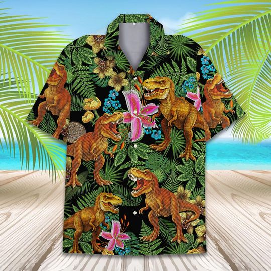 Funny T-Rex Dinosaur Hawaiian Shirt, Tropical Jungle Aloha Shirt Button Down Short Sleeve, Jurassic Park Shirt