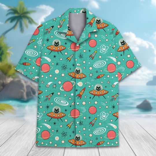 Retro Space Cat Hawaiian Shirt, Funny Alien Cat in UFO Aloha Shirt, Vintage Galaxy Summer Shirt Button Down