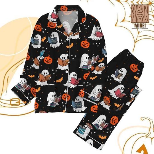 Halloween Pajamas Set for Women, Boo Reading Ghost & Pumpkin Pajamas, Cozy Fall Spooky Season Sleepwear, Halloween Gift For Family