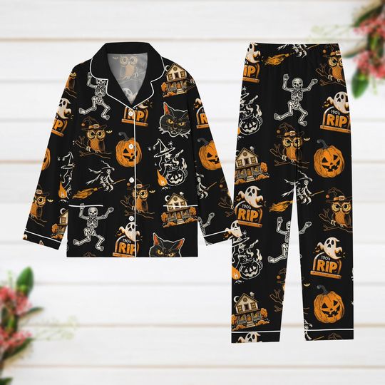 Halloween Witchy Vibes Pajamas Set, Dancing Skeleton Pajamas For Party, Black Cat And Pumpkin Shirt, Spooky Season Merch, Gift For Her