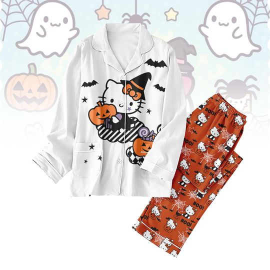 Halloween Cat Witch Thick Pajamas, Super Kitties Pajamas Set, Black Cat Boo Holiday Pajamas, Trick Or Treat, Halloween Gift