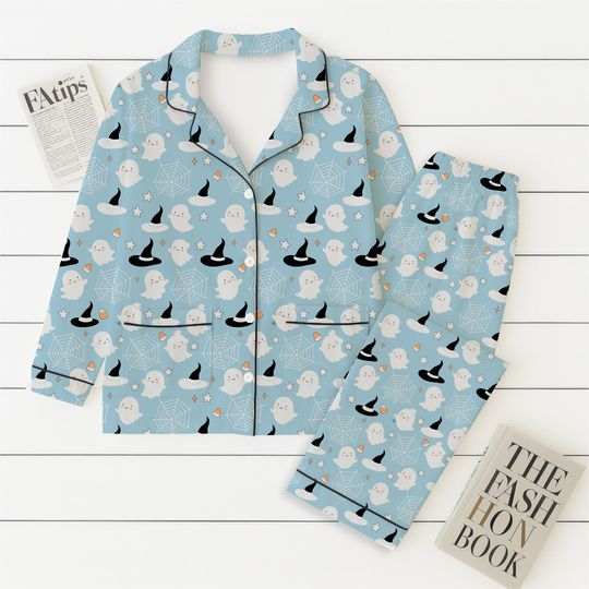 Cute Ghost Pajama Set, Blue Halloween Sleepwear With Witch Hats, Cozy Season Gift, Spooky Season PJs, Holiday Sleepwear