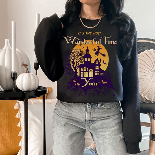 Haunted House Witch Black Cat Halloween Sweatshirt Vintage Crewneck Sweater