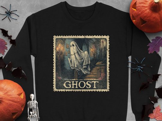 Ghost Stamp Vintage Halloween Sweatshirt T-Shirt Spooky Season Gothic Creepy Top