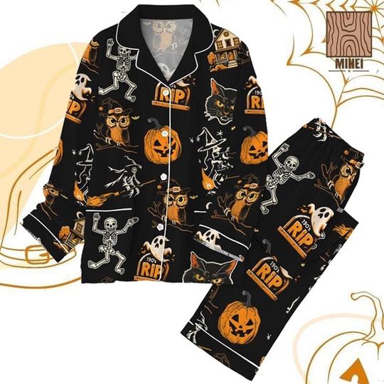 Halloween Pajamas Set for Women, Witchy Vibes & Dancing Skeleton Pajamas, Cozy Fall Spooky Season Sleepwear, Halloween Gift For Family
