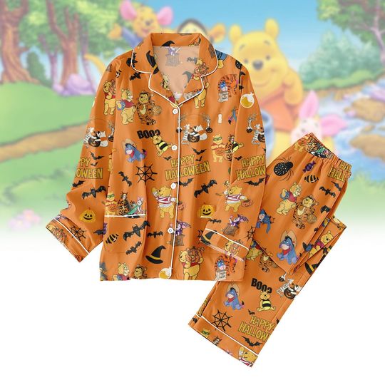 Retro Pooh Ghost Halloween Pajamas, Winnie The Pooh Pajamas Set, Spooky Season Gift, Fall Autumn Pjs For Her