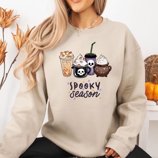 Spooky Season Halloween Sweater Cozy Coffee Pumpkin Spice Crewneck For Women Autumn Top
