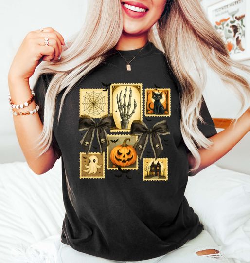 Coquette Bow Halloween Shirt Spooky Season Ghost Pumpkin Stay Spooky Top