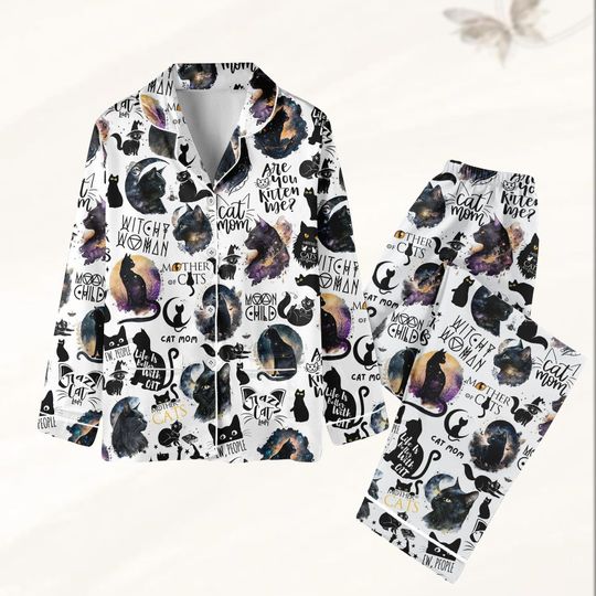 Witchy Black Cat Pajamas Set, Halloween Cat Mom Women Pajamas, Cute Pet Holiday Pajamas, Funny Cats Loungewear, Halloween Gift