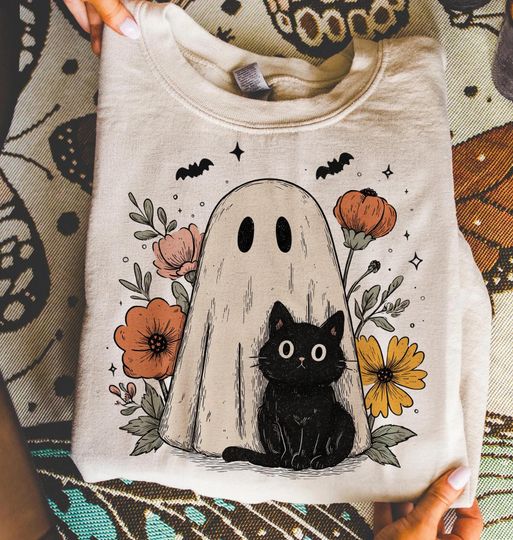 Cute Halloween Ghost and Cat Shirt, Retro Spooky Floral Halloween Shirt