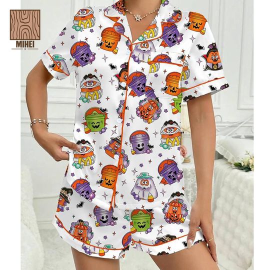 Halloween Pajama Set for Women,Witchy Pumpkin Pajamas,Halloween Sleepwear,Casual Comfy Short Sleeve Top&Shorts Set,Halloween Gift For Family
