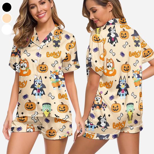 Booey Pajamas Set, BlueyDad Halloween Pajamas Set, Cute Halloween Pajamas Set, Halloween Set for Woman, Blue Dog Halloween Pajamas Set