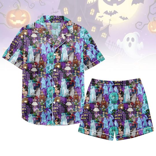 Halloween Haunted Mansion Satin Pajamas, Hitchhiking Ghosts Women Pajamas, Disneyland Trip Pajamas Short, Horror Movie Fan