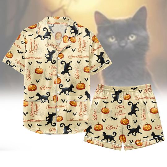 Halloween Black Cat Satin Pajamas, Cute Fall Cat Short Pajamas, Witch Cat Trick or Treat Silk Pajamas For Women, Animal Horror Sleepwe