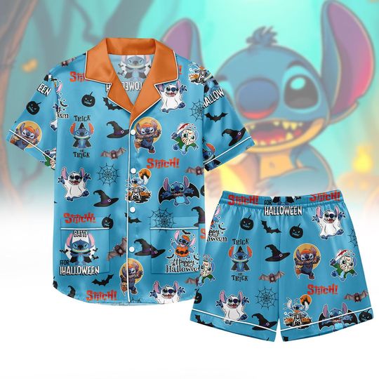 Stitch Witch Satin Pajamas, Halloween Stitch Pumpkin Short Pajamas, Stitch Trick or Treat Silk Pajamas, Disney Cartoon Horror Sleepwear