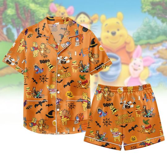 Retro Pooh Ghost Halloween Satin Pajamas, Winnie The Pooh Women Pajamas Set, Spooky Season Gift, Fall Autumn Pjs For Her