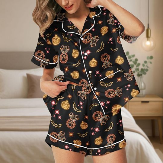 Chucky Satin Short Satin Pajama, Halloween Horror Short PJs, Killer Doll Loungewear, Spooky Sleepwear Set, Horror Movie Nightwear Gift