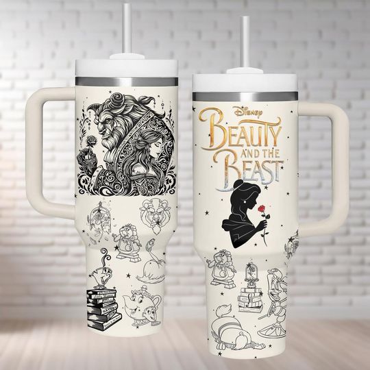 Disney Beauty And The Beast Tumbler 40Oz, Belle, Beast, Gaston, Lumiere, Mrs Potts And Chip, WDW Disneyland Tumbler, Insulated Tumbler