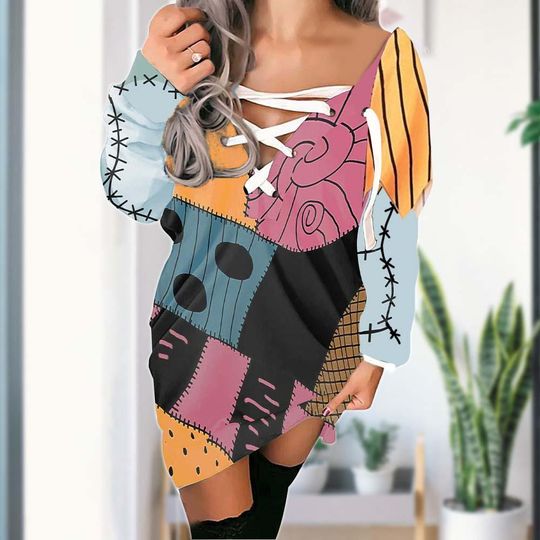 Sally Cross Sweater Dress, Sally Cross Dress, Nightmare Before Christmas Dress, Sally Long Sleeve Dress, Halloween Women Dresses