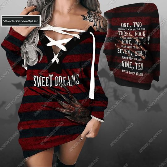 Halloween Shirt, Freddy Krueger Cross Sweater Dress, Freddy Halloween Cross Dress, Horror Movie Dress, Sweet Dreams Long Sweater Dress