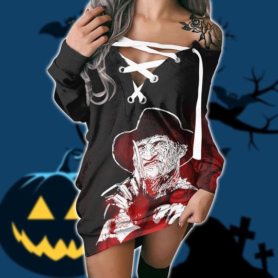 Halloween Freddy Krueger Cross Sweater Dress, Nightmare Striped Freddy Dress, Serial Killer Pullover Dress For Her, Horror Character Outfit
