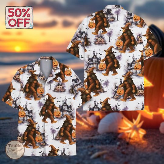 Funny Bigfoot Halloween Hawaii Shirt, Halloween Town Aloha Shirt, Halloween Party Outfit, Sasquatch Halloween Gifts