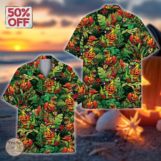 Tropical Dino Halloween Hawaii Shirt, Funny Donisaur Aloha Shirt, Halloween Party Outfit