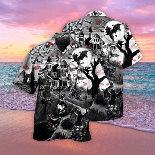 Halloween Night Hawaiian Shirt, Haunted House Aloha Shirt, Gothic Black Cat Bat Tee, Witch Theme Outfit