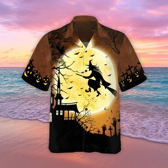Halloween Night Hawaiian Shirt, Flying Witch Over A Castle Button Tee
