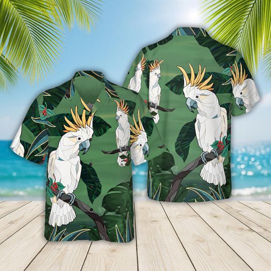 Tropical Cockatoo Parrot Hawaiian Shirt, Nature Aloha Beach Shirt, Parrot Button Down Short Sleeve Shirts, Gift for Bird Watcher