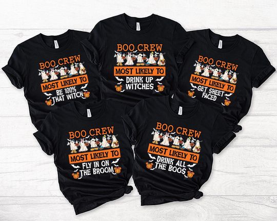 Boo Crew Most Likely To Disney Halloween Shirts, Disney Ghost Shirts, Matching Disney Halloween Black Shirt, Halloween Disney Quotes Shirts