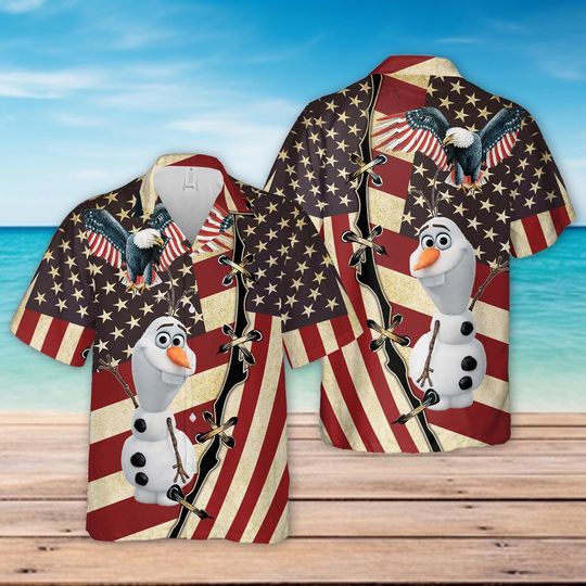 Olaf US Flag Hawaiian Shirt, Cool USA Summer Outfit, Patriotic shirt for Disneyland Vacation, Dlsney Button Up shirt for Adult & Youth