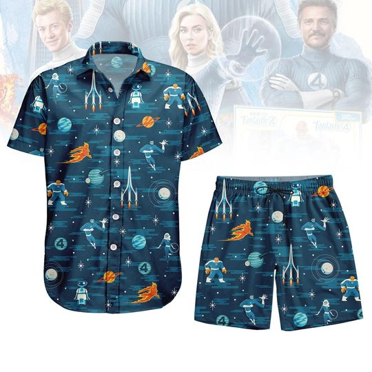 The Fantastic Four First Steps Button Shirt, Shorts Men, Fantastic 4 Hawaiian Shirt, Disney Movie Summer Shirt, Superhero Beach Shirt